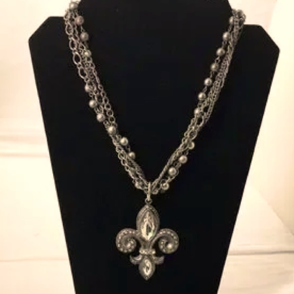 Rhinestone Rocker Silver Fleur-de-Lis Pendant Necklace Vintage Excellent - Picture 7 of 9